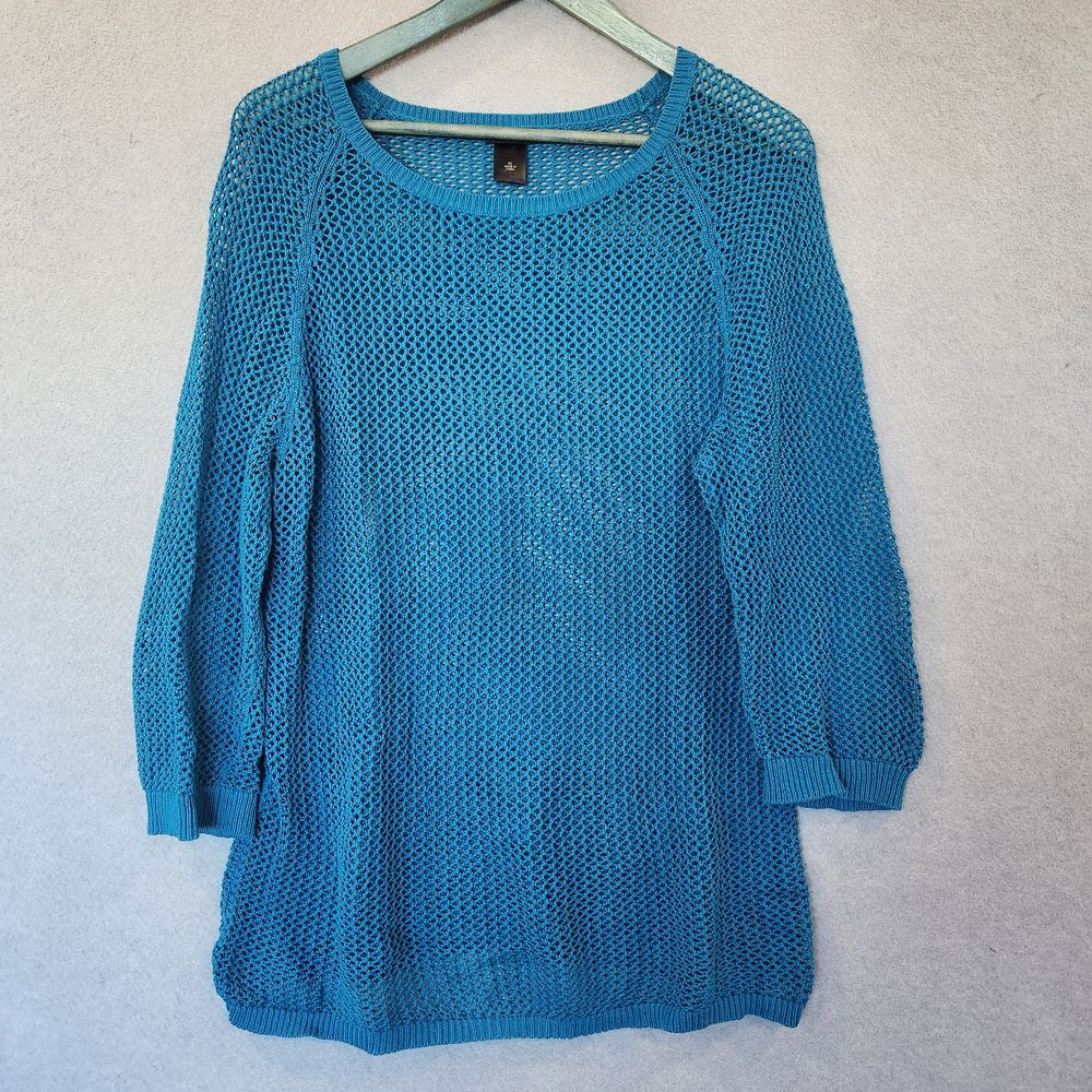 Ann Taylor Womens XL Teal Blue 100%‎ Cotton Open Knit Mesh 3/4 Sleeve Sweater
